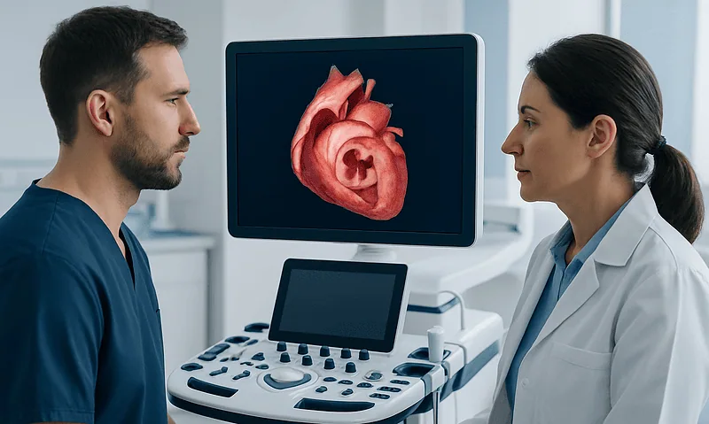 Medical professionals examining a 3D heart model on a monitor.