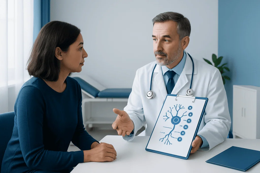Doctor explaining neurotransmitters to a patient in a medical consultation.