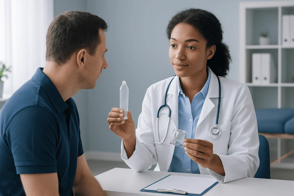 Doctor explaining condom use to a patient in a medical consultation.