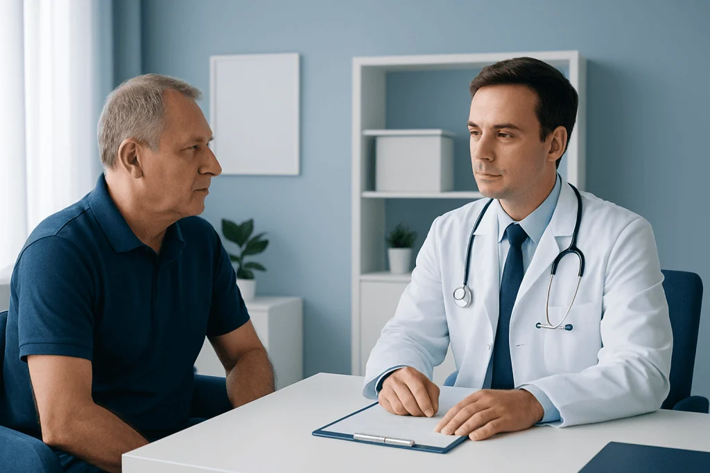 Doctor consulting with a patient in a modern medical office.