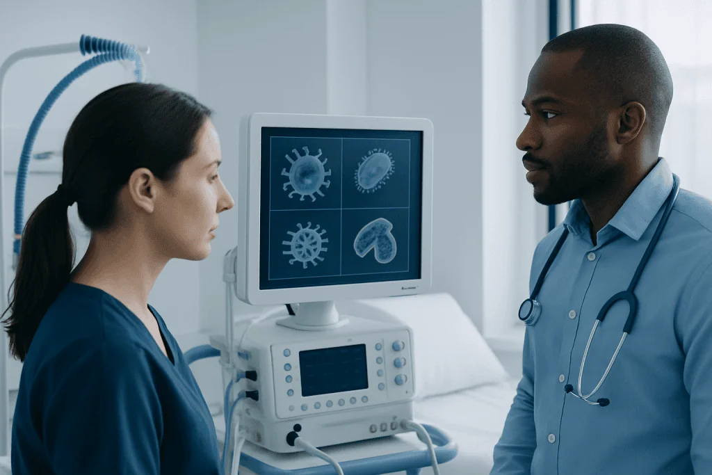 Medical professionals discussing pathogens in a hospital setting.