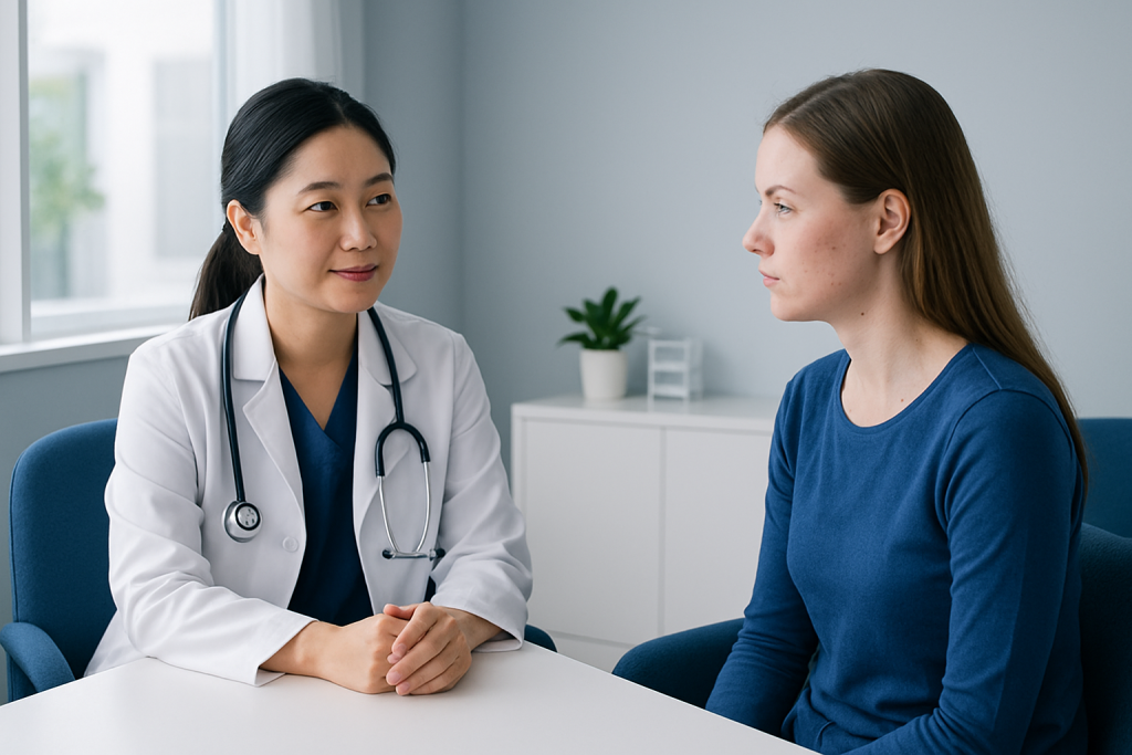 Doctor consulting a patient about skin treatment options in a clinic setting.