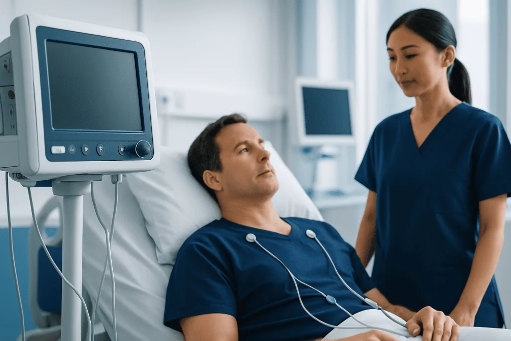 Patient in hospital bed with medical monitor and nurse in background.
