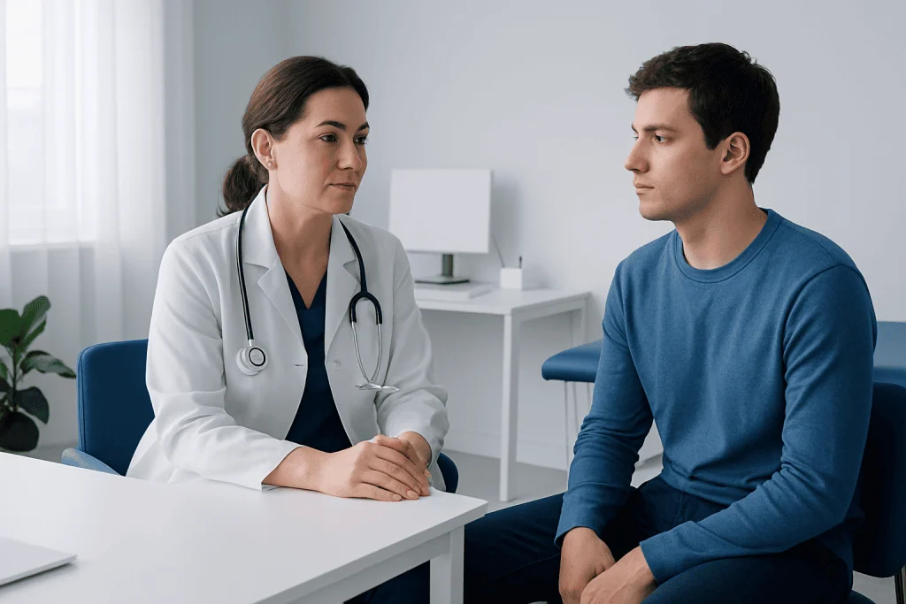 Doctor consulting with a young male patient in a medical office.