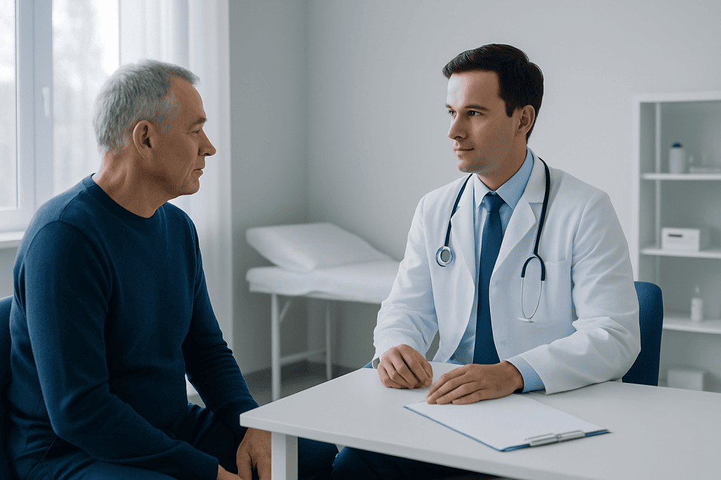 Doctor consulting with an elderly patient in a medical office.