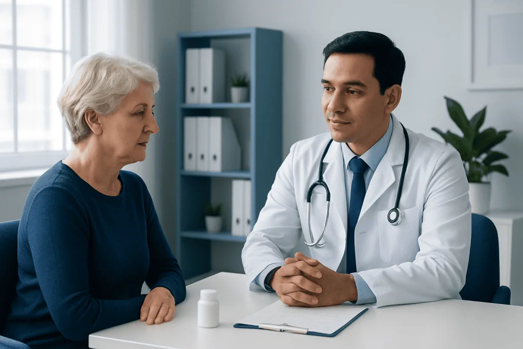 Doctor consulting with elderly female patient in a modern clinic setting.