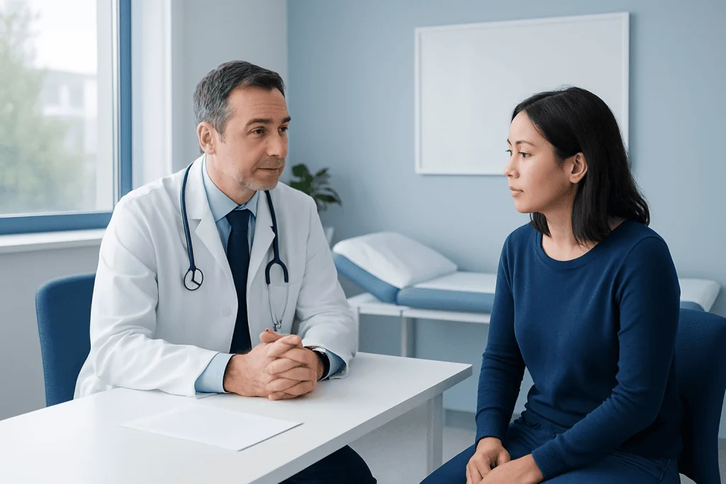 Doctor consulting with a patient in a modern hospital room.