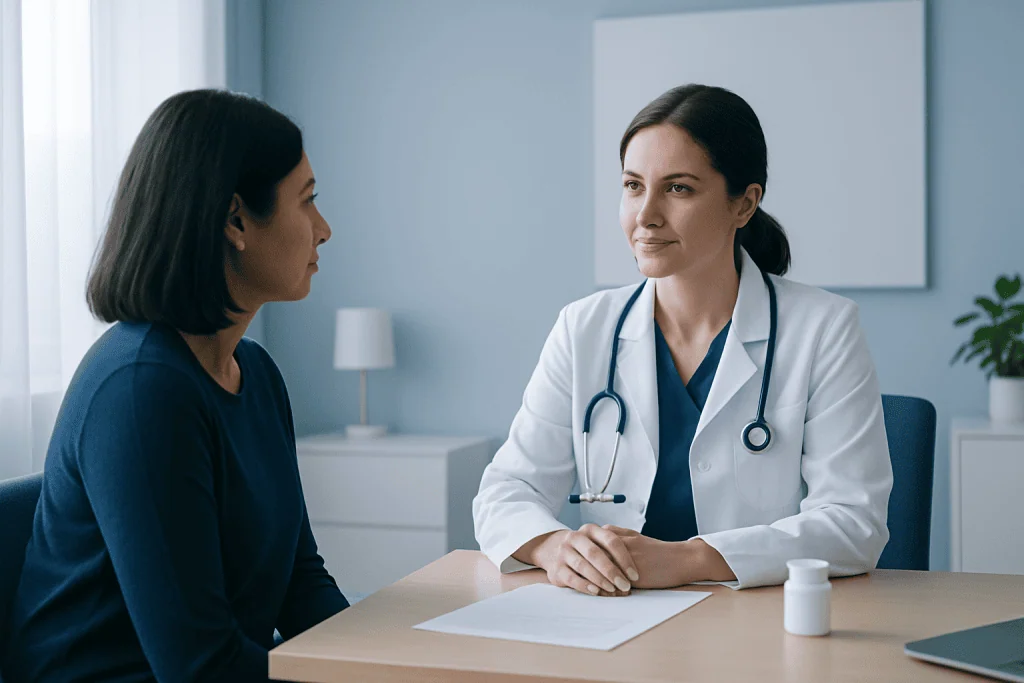 Doctor consulting a patient in a modern medical office setting.