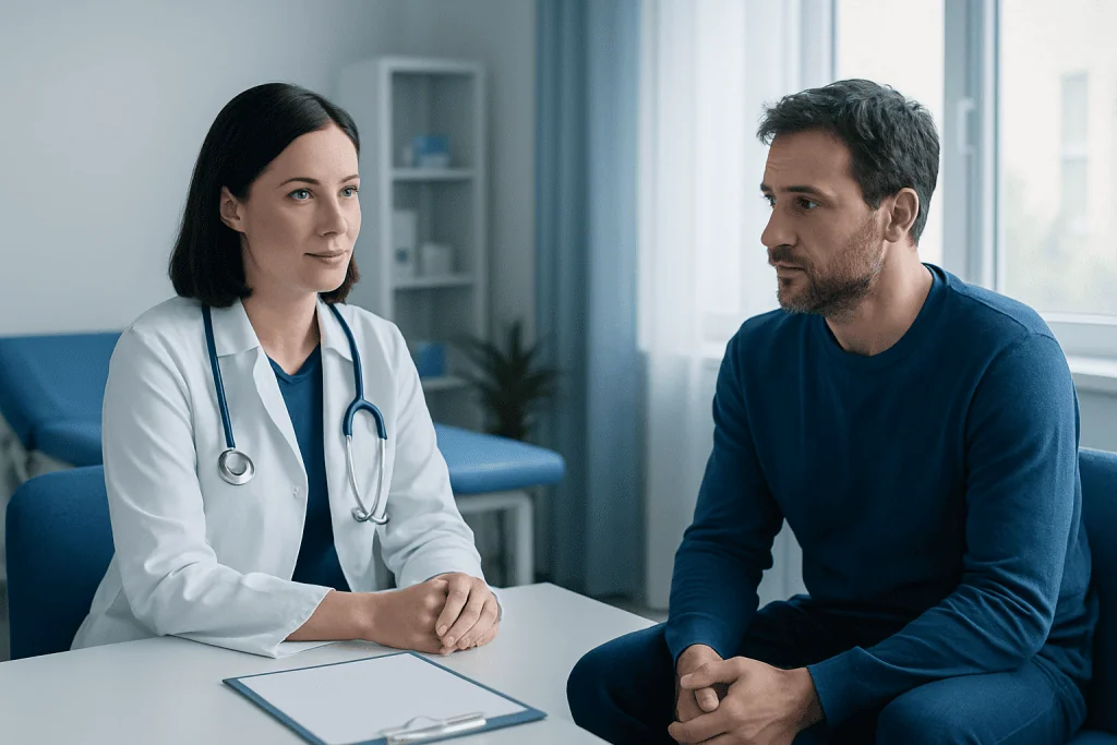 Doctor consulting with male patient in a medical office.