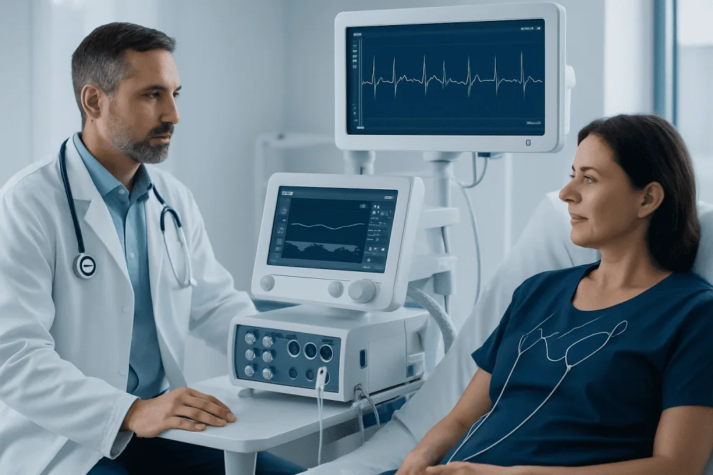 Doctor monitoring patient with heart rate monitor in hospital.