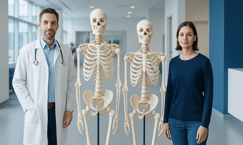 Doctor and woman standing beside male and female skeleton models in hospital corridor.