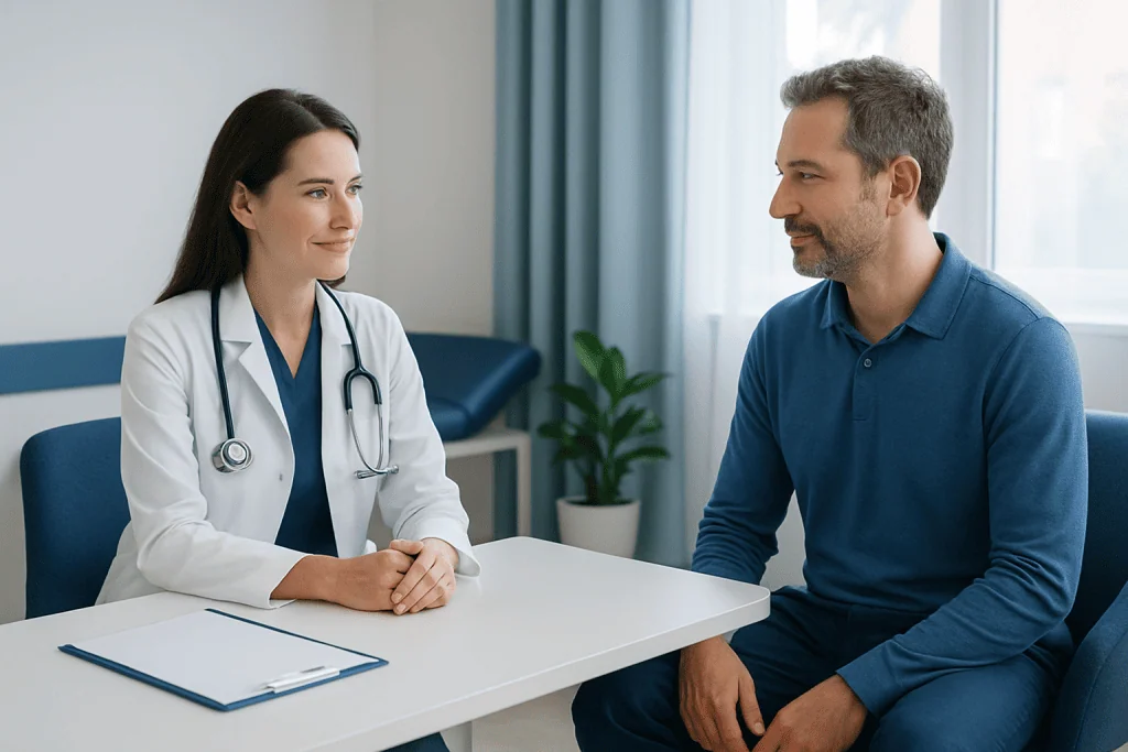 Doctor consulting with male patient in a modern clinic setting.