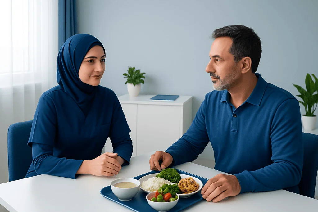 Patient and dietitian discussing meal options during treatment at Acibadem Hospital.