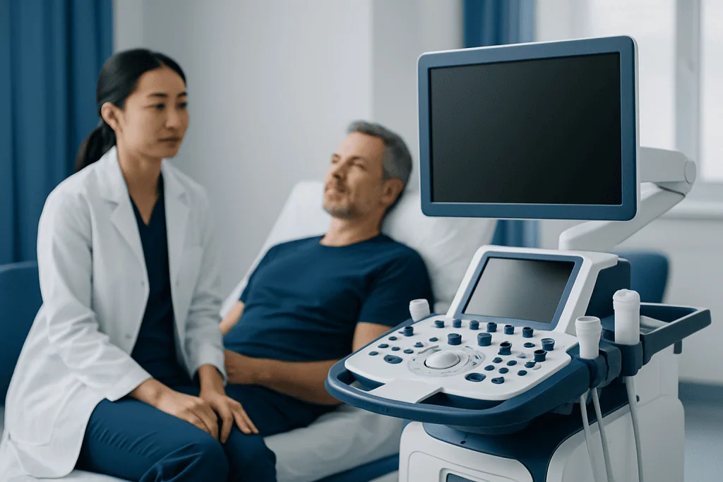 Medical professional consulting patient with ultrasound machine in hospital.