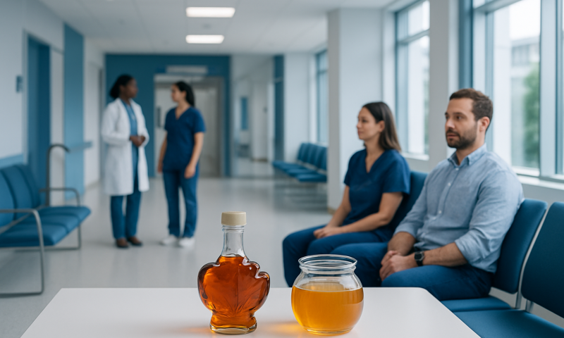 Patients waiting in a hospital corridor with honey and syrup on a table.