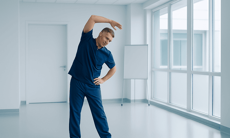 Mastitis While Breastfeeding: Symptoms, Treatment, and When You May Need Antibiotics 15 Male healthcare professional stretching in a bright hospital room.