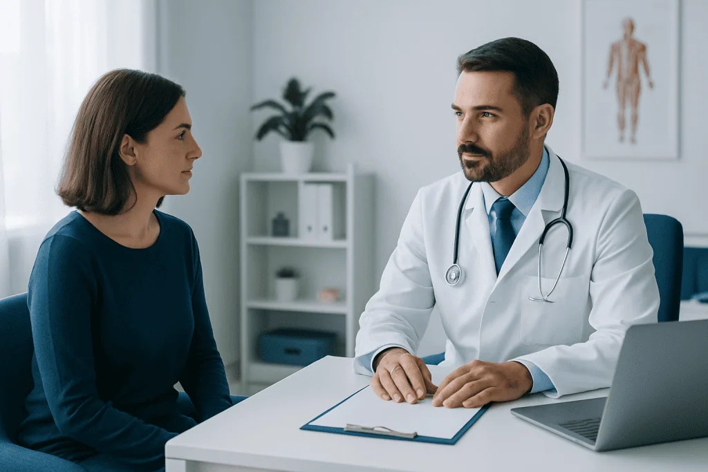Doctor consulting a patient in a medical office setting.