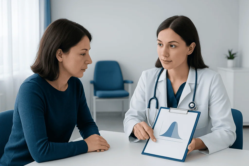 Doctor explaining blood test results to a patient in a clinic setting.