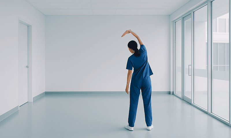 Female healthcare worker stretching in a bright, empty hospital room.