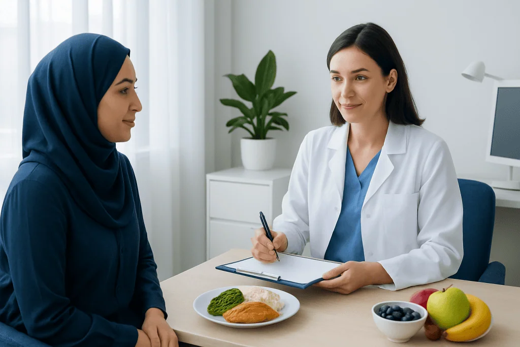 Doctor consulting a patient with healthy food options in a clinic setting.