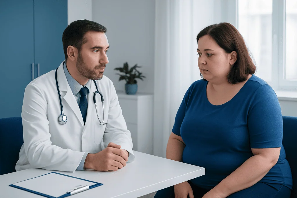 Doctor consulting with a woman about weight gain causes in a clinical setting.