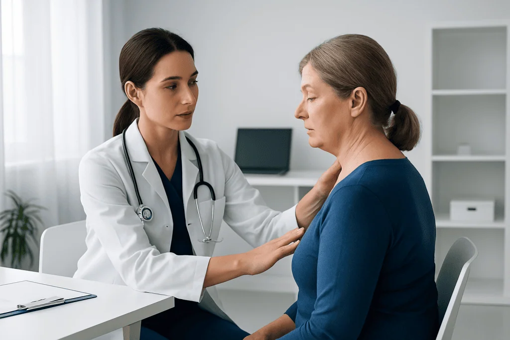 Doctor examining a woman with neck pain in a clinical setting.