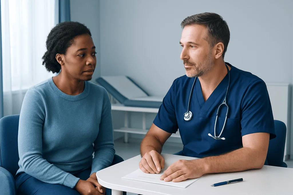 Doctor consulting with a female patient in a medical office setting.