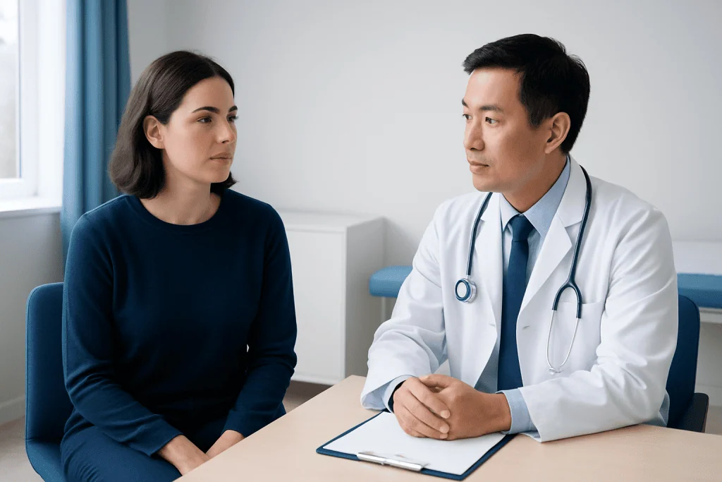 Doctor consulting with a female patient in a medical office.