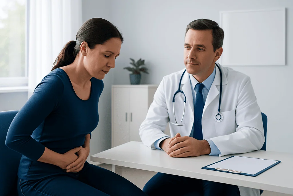 Doctor consulting a woman with stomach pain in a medical office.