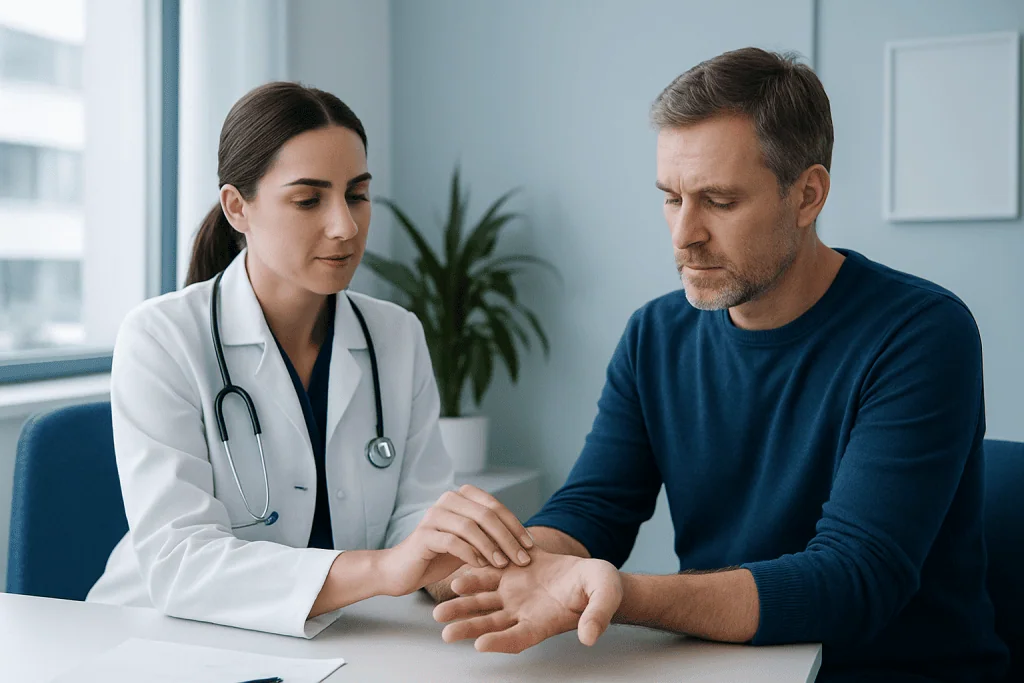 Doctor examining patient's hand in a medical consultation room.