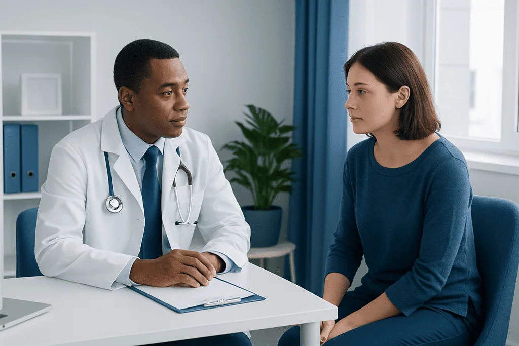 Doctor consulting with a female patient in a medical office setting.