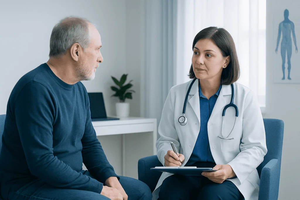 Doctor consulting with an older male patient in a medical office.
