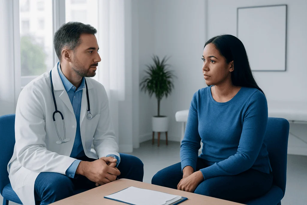 Doctor consulting with a patient in a modern medical office.