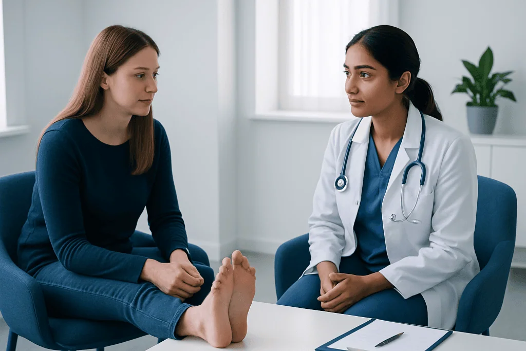 Doctor consulting with a patient about cold feet in a medical office.