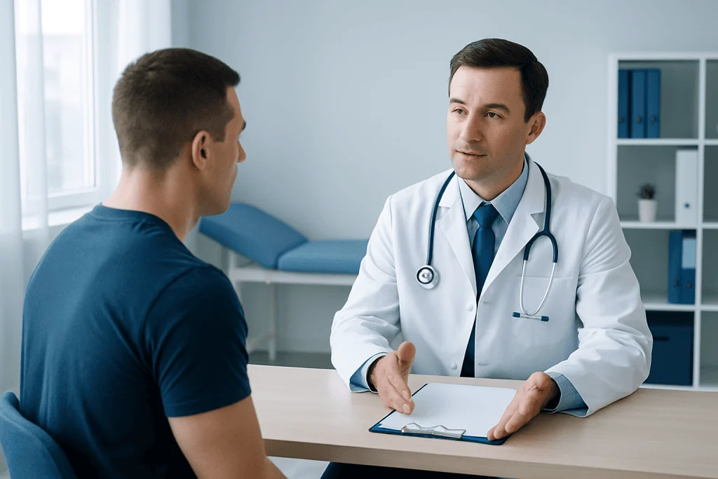 Doctor consulting with patient in a medical office setting.