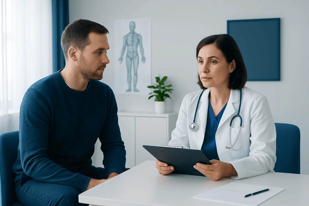 Doctor consulting with a male patient in a medical office.