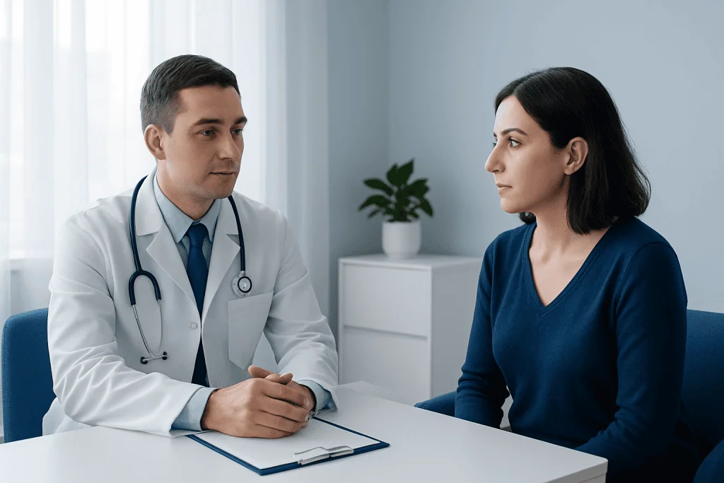 Doctor consulting with a female patient in a modern clinic setting.