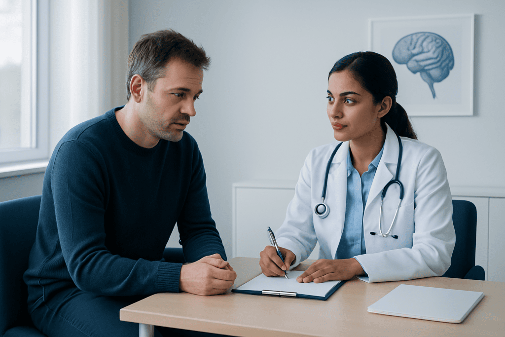 Doctor consulting with patient about neuropsychiatric diagnosis at Acibadem Hospital.