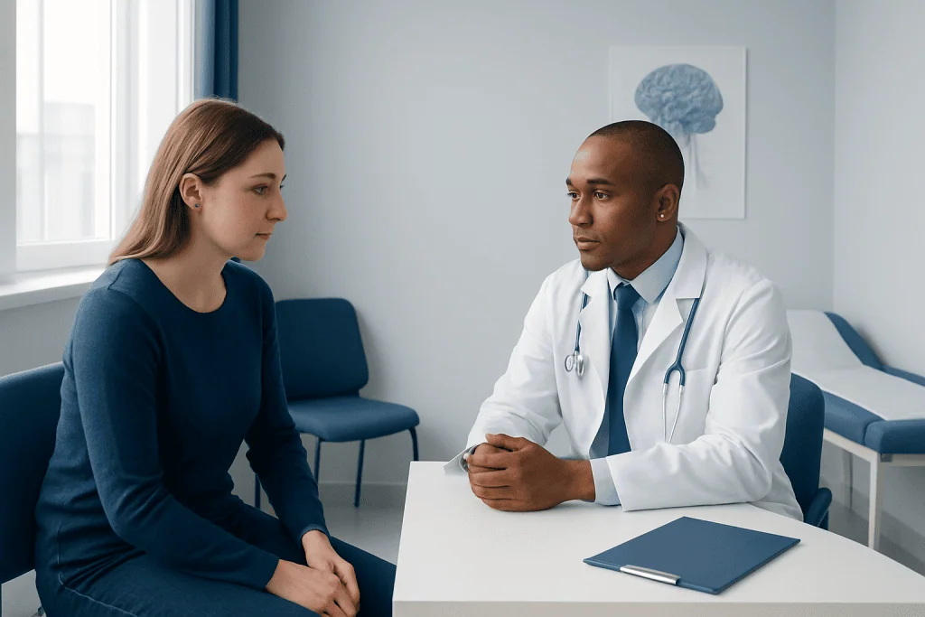 Doctor consulting with a patient in a medical office setting.