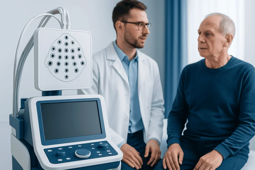 Neurological examination with medical equipment and doctor with patient.