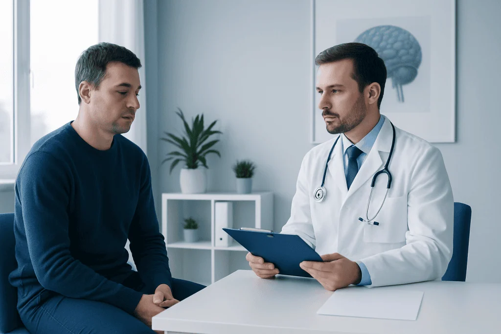Doctor consulting patient about sleep disorder diagnosis in a clinical setting.
