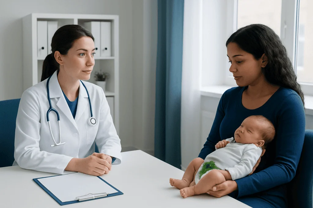 Pediatric consultation at a hospital with a doctor and mother with baby.
