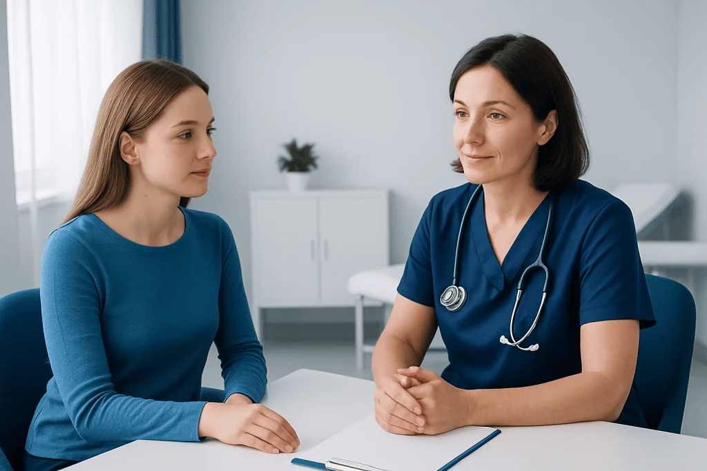 Doctor consulting with a young female patient in a medical office.
