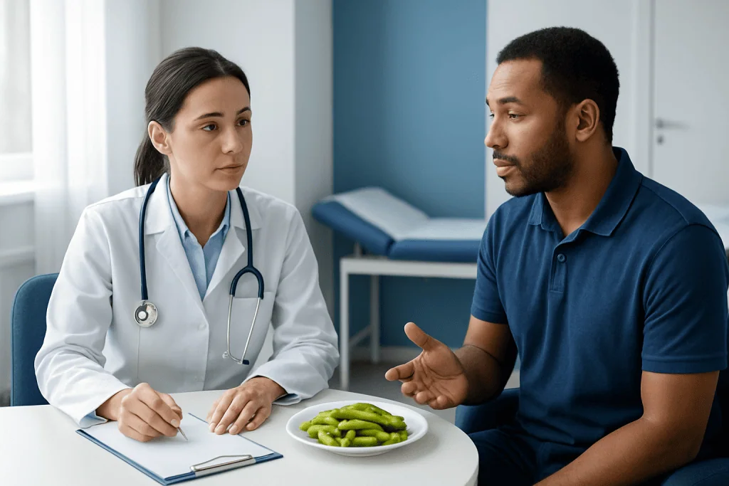 Doctor consulting patient about health with green beans on table.