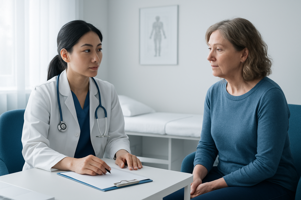 Doctor consulting with a female patient in a medical office.