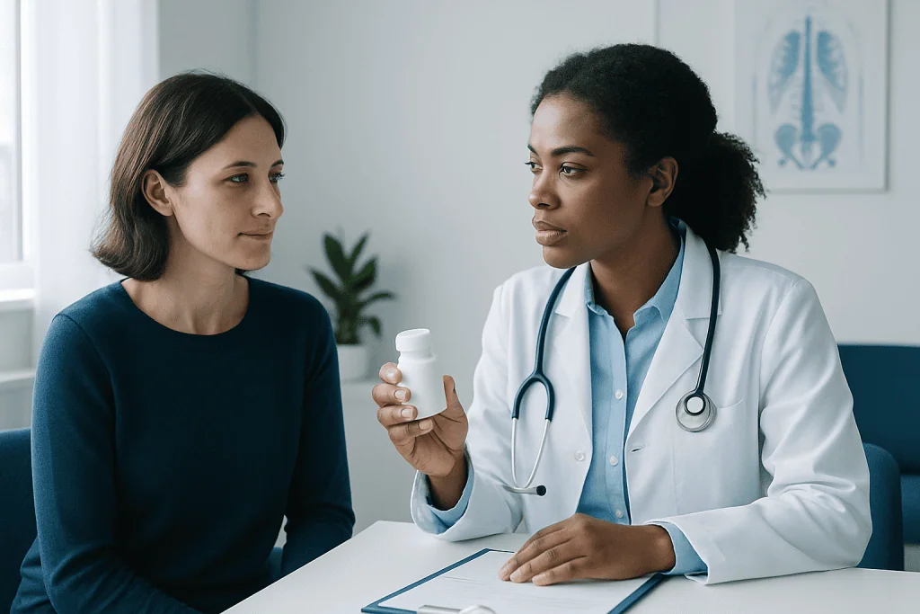 Doctor explaining medication to a patient in a clinical setting.