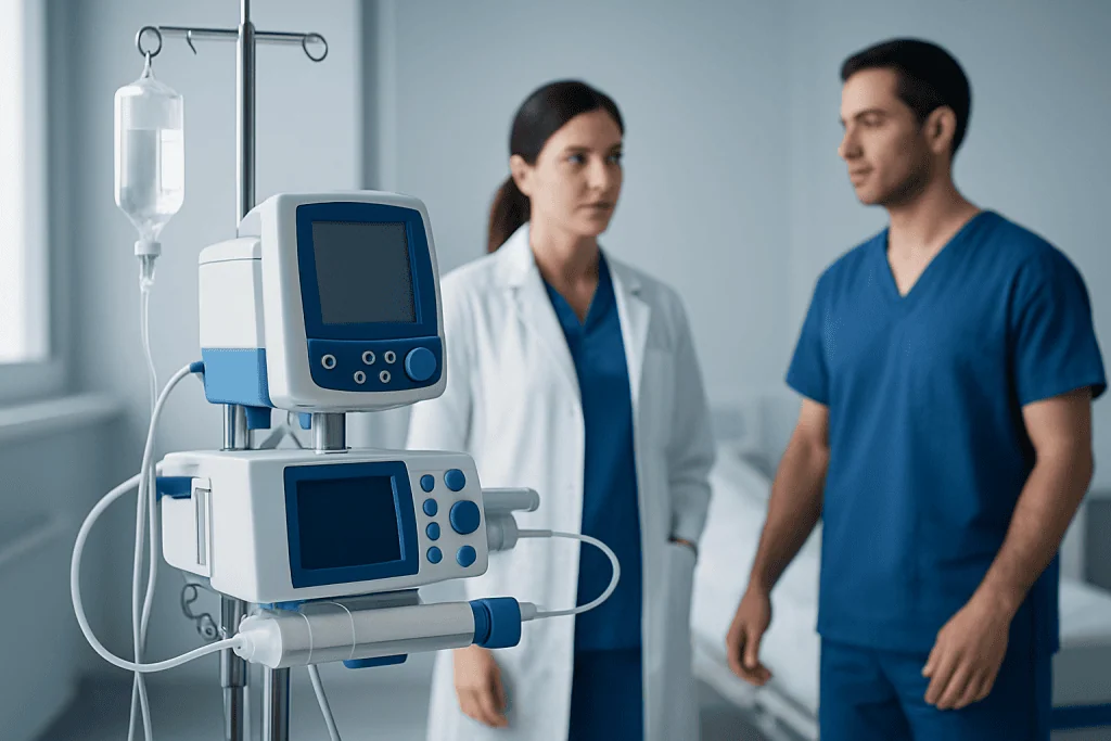 Medical professionals discussing patient care with ventilator equipment in hospital.
