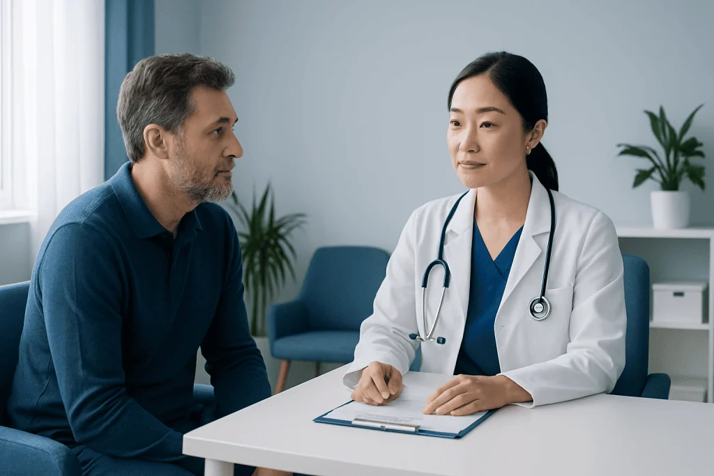 Doctor consulting with a male patient in a modern clinic setting.