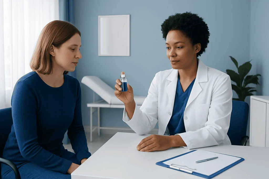 Doctor explaining medication to patient in a clinic setting.