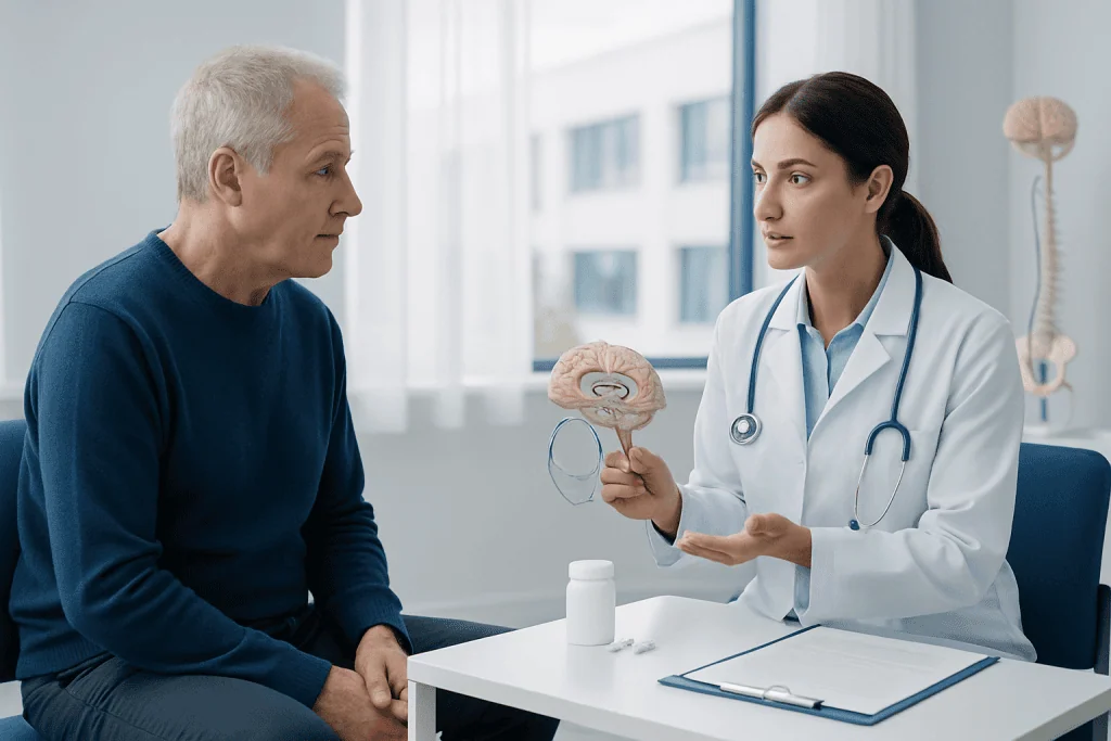 Doctor explains brain surgery options to an elderly patient in a clinic.